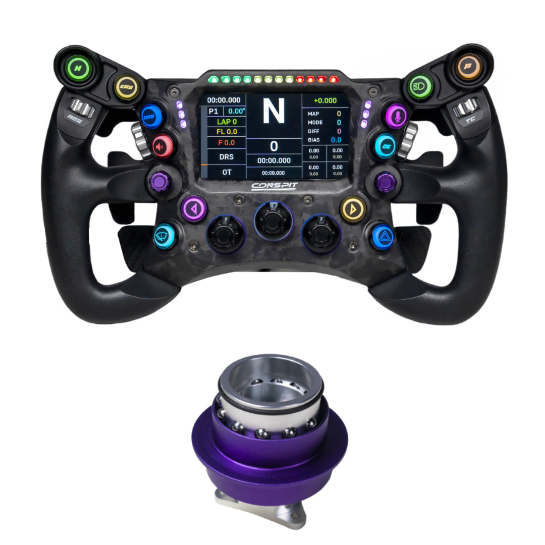 F1 racing steering wheel with digital display and additional component on a white background