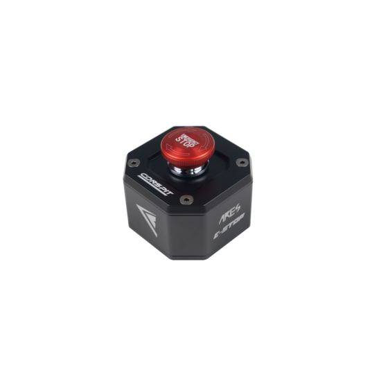 Black mechanical component with a red button on a white background