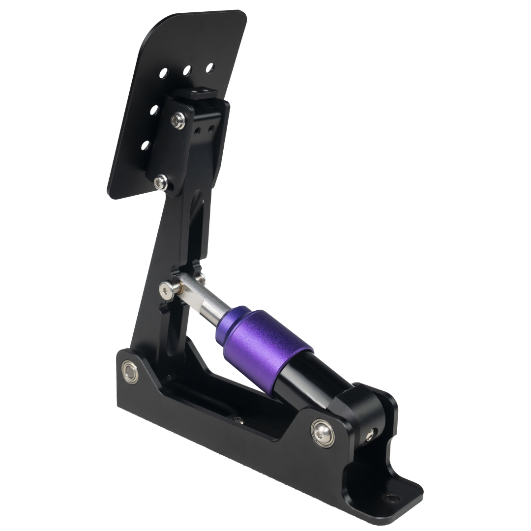 Black metal bracket with purple cylindrical component on a white background