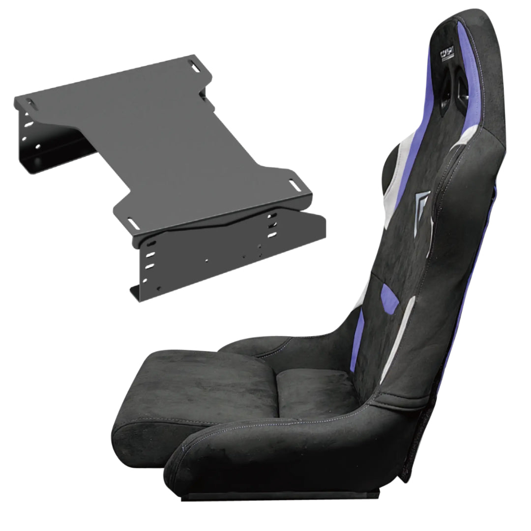 Black racing seat with a metal bracket on a white background