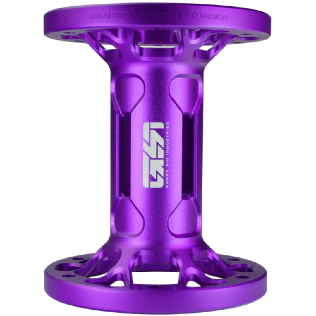 Purple metal component with a brand logo on a white background