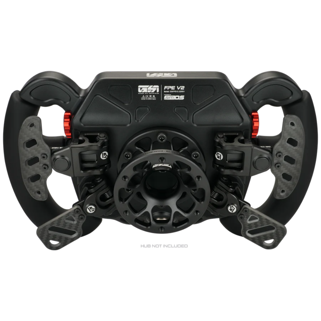 Black steering wheel with red accents on a white background