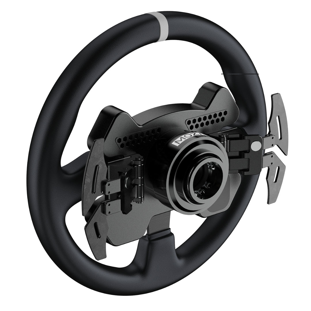MOZA Racing CS V2P steering wheel mounted on sim racing rig