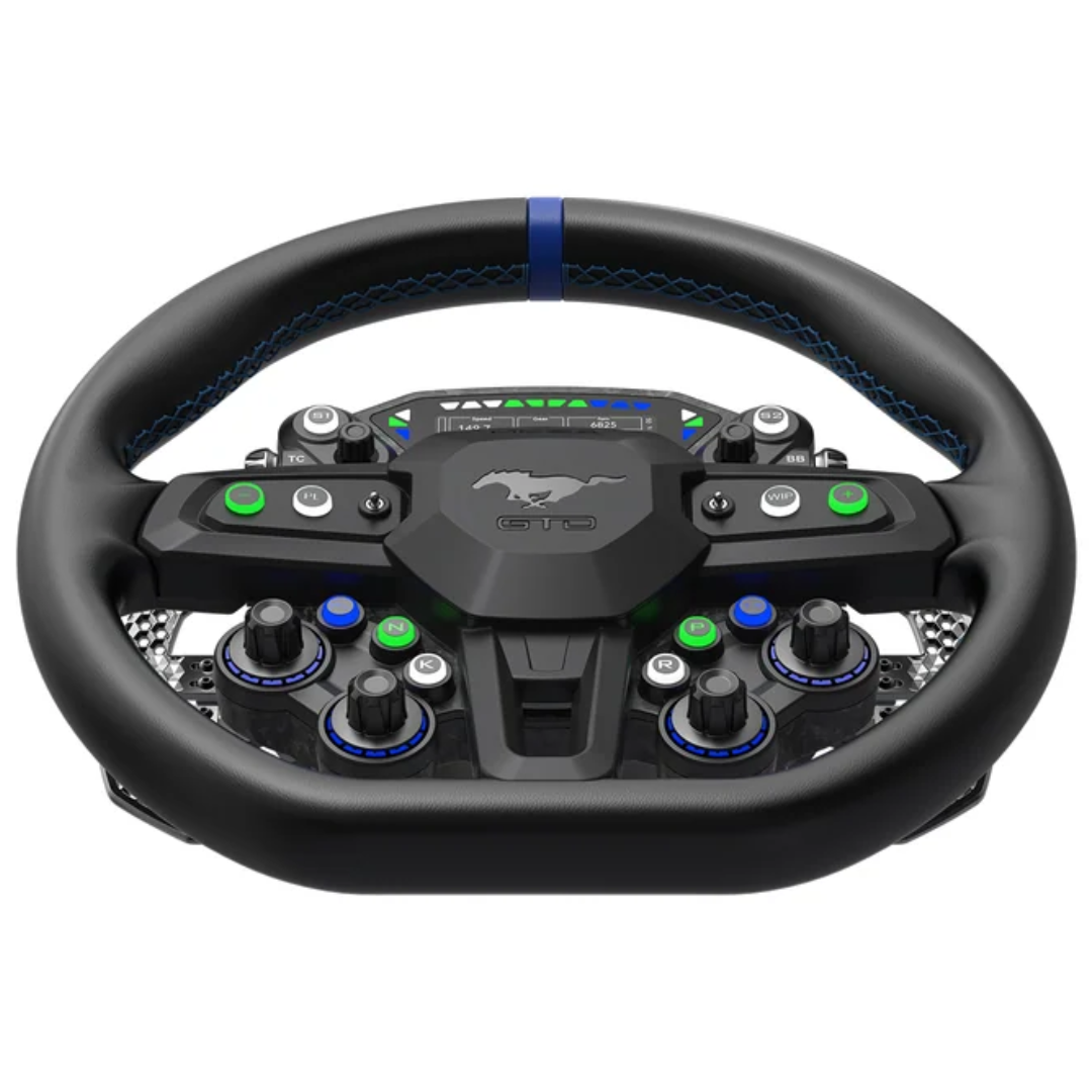 MOZA Ford Mustang GTD sim racing wheel top view showing D-shaped rim, rotary controls, and HD dashboard