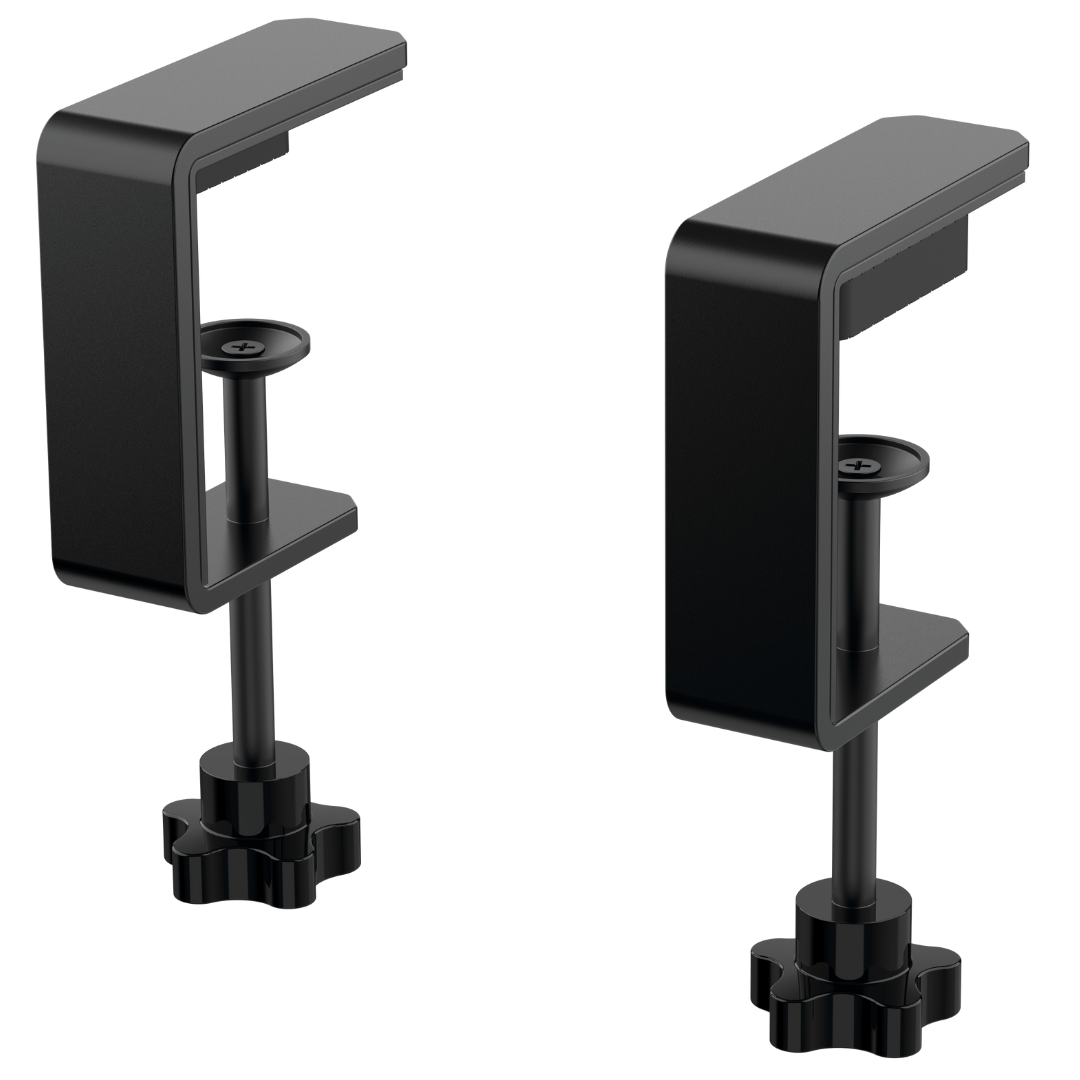 Two black adjustable stands on a white background