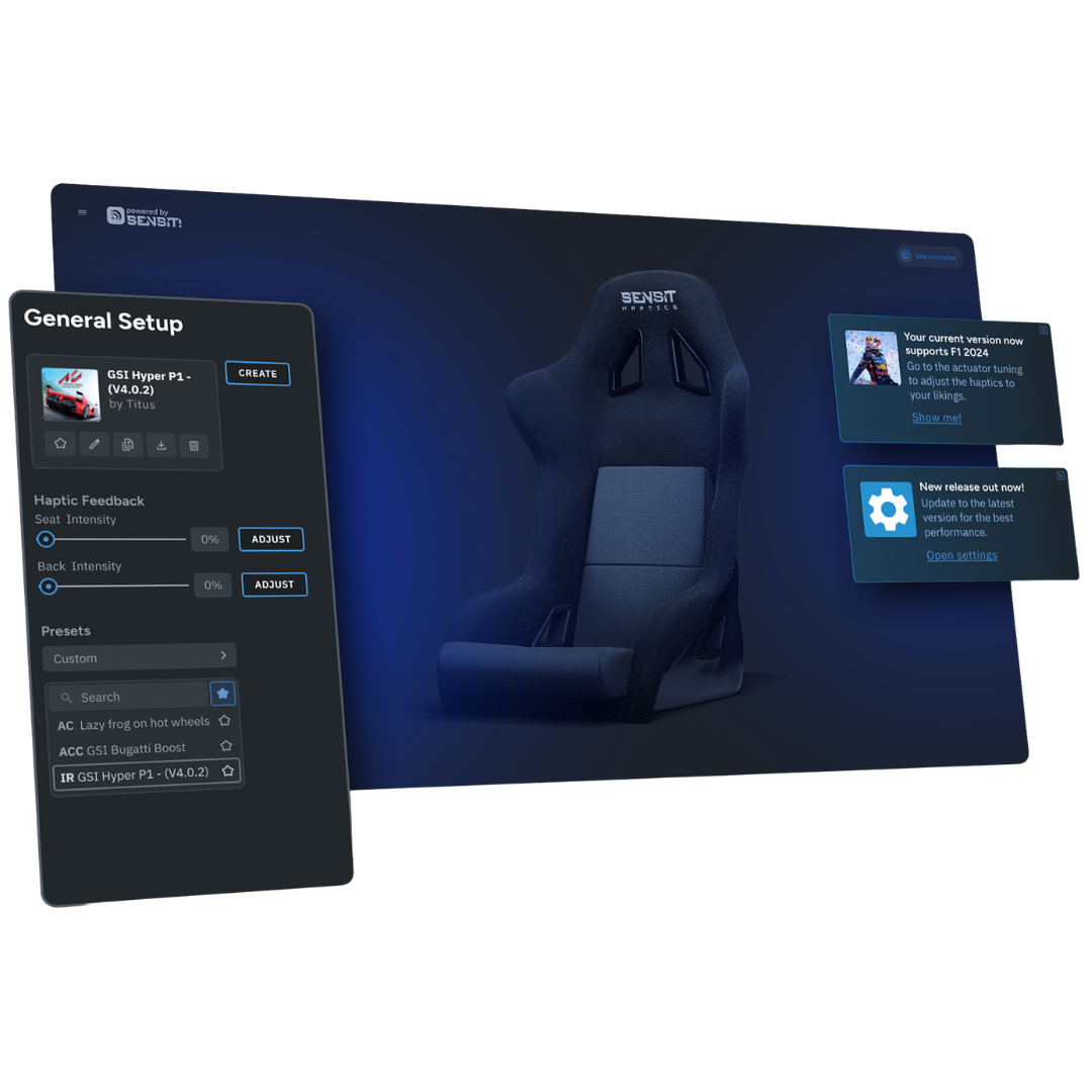 SensitHaptics MTC-P Extreme Gen2 Cockpit App general setup with seat and back intensity controls