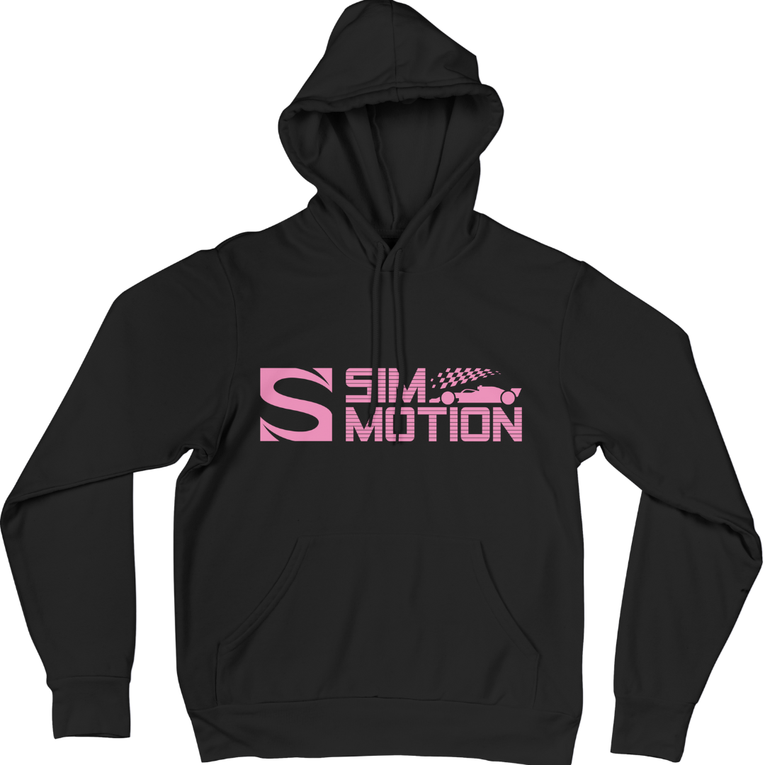Black hoodie with pink 'SIMOTION' logo on a white background