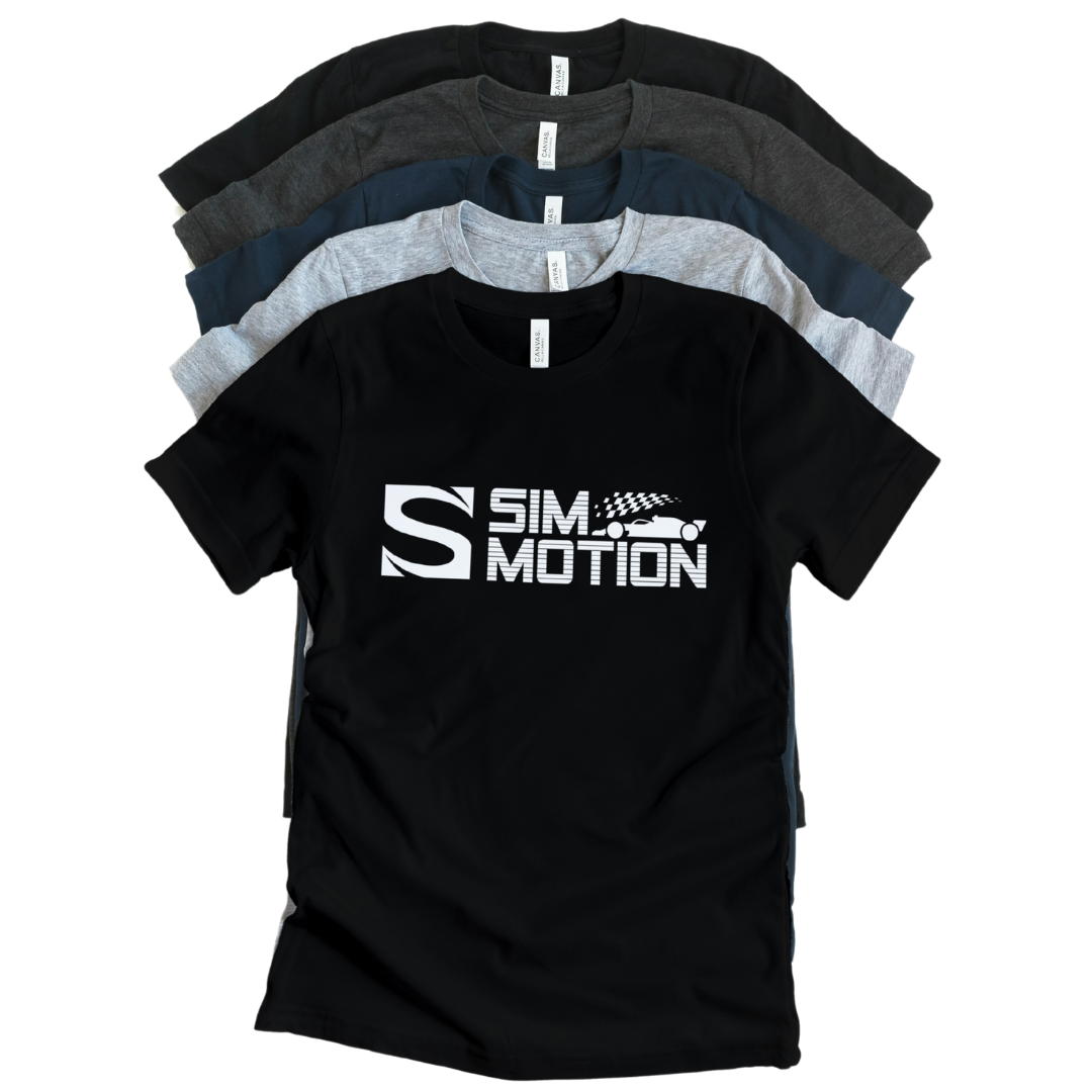 Black t-shirt with 'Sim Motion' logo on a white background