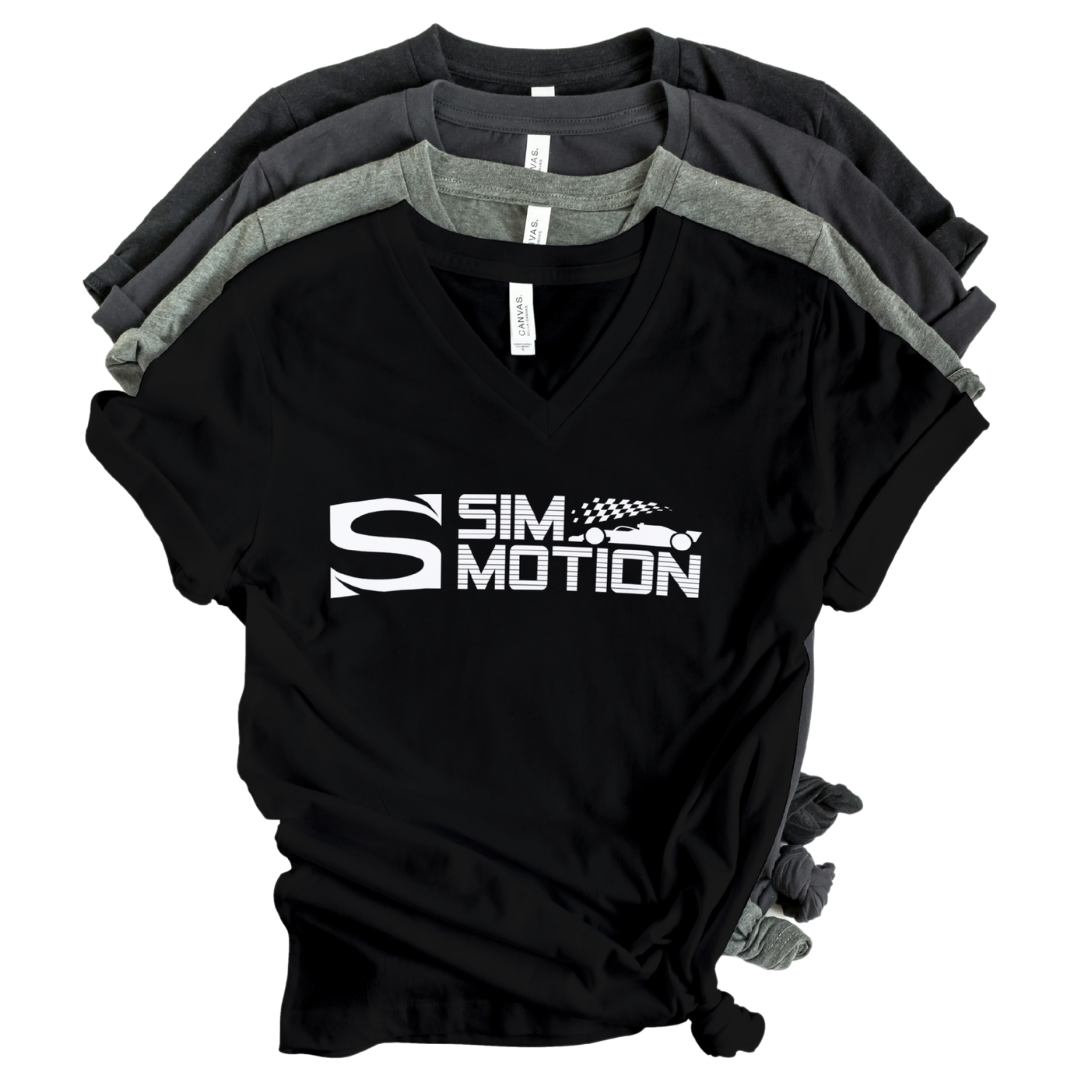 Black V-neck shirt with 'Sim Motion' logo on a white background