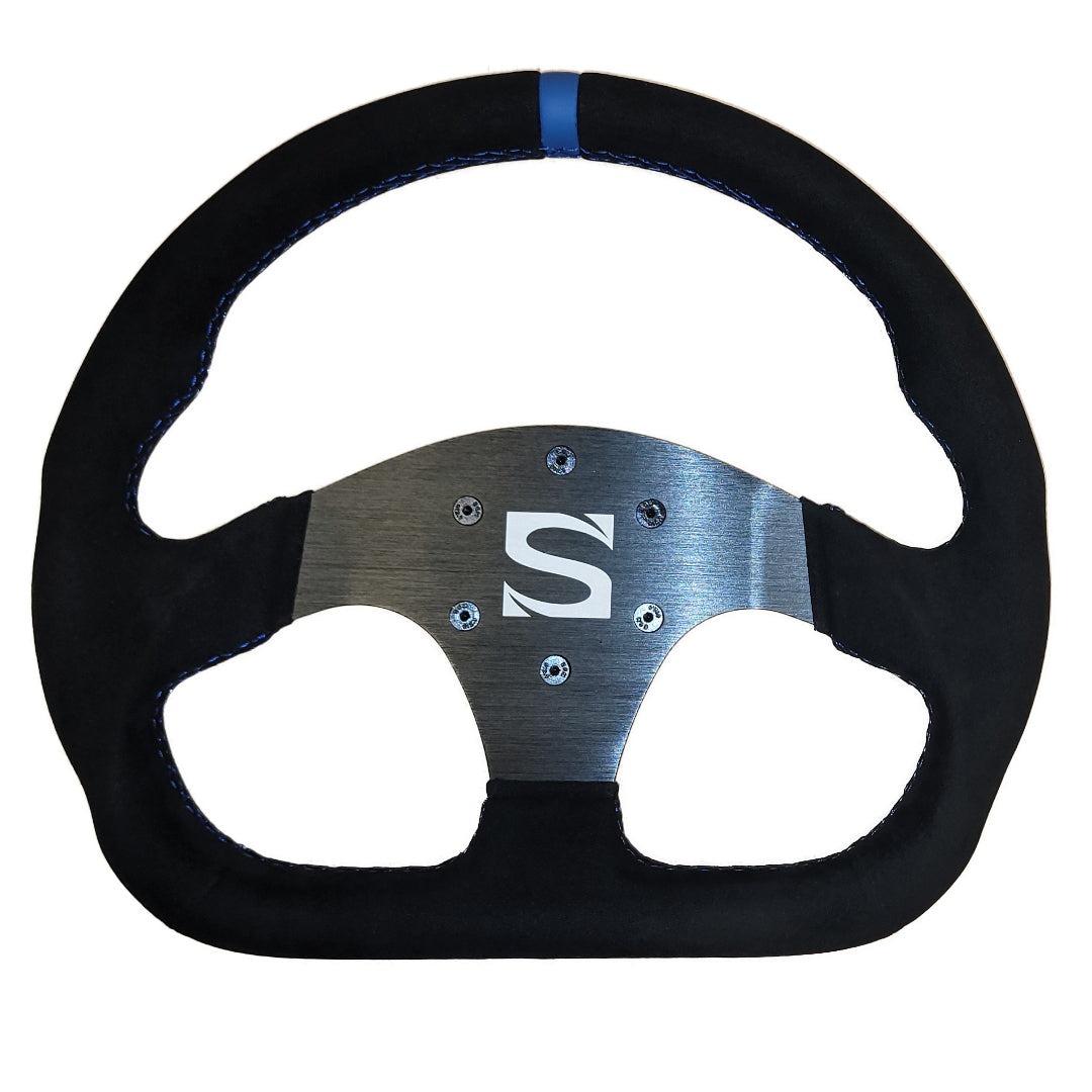 A black and silver Sim Motion steering wheel for sim racing, featuring a D-shape design and blue stitching.