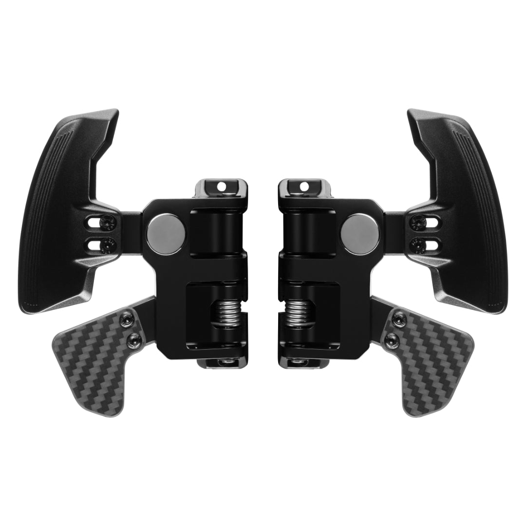 A set of black Simagic Neo X Paddle Shifter Modules with carbon fiber-like textures.