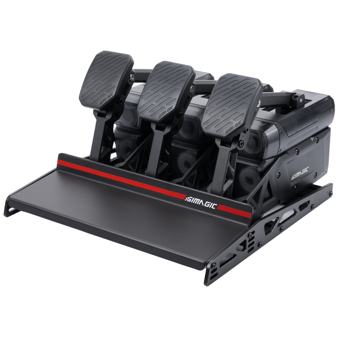 Dual SIMAGIC P-Active programmable pedals installed on the dedicated P-Active Baseplate with full-width heel rest.