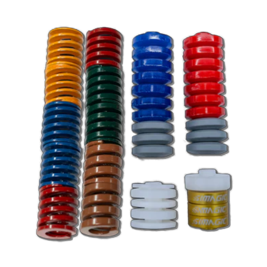 A set of various colored rubber and spring kits for the Simagic P1000 pedal set, including combinations of springs, washers, and rubber pads.