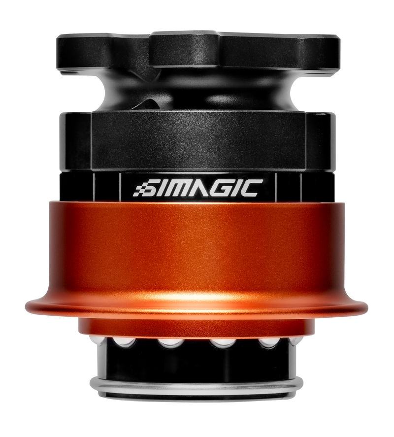 Black and orange mechanical component with 'Simagic' branding on a white background