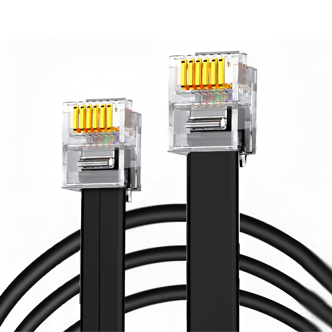 An RJ12 cable with black outer casing and yellow connectors on both ends