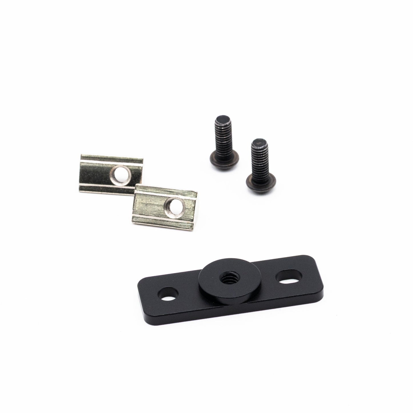 Metal mounting bracket with two screws on a white background