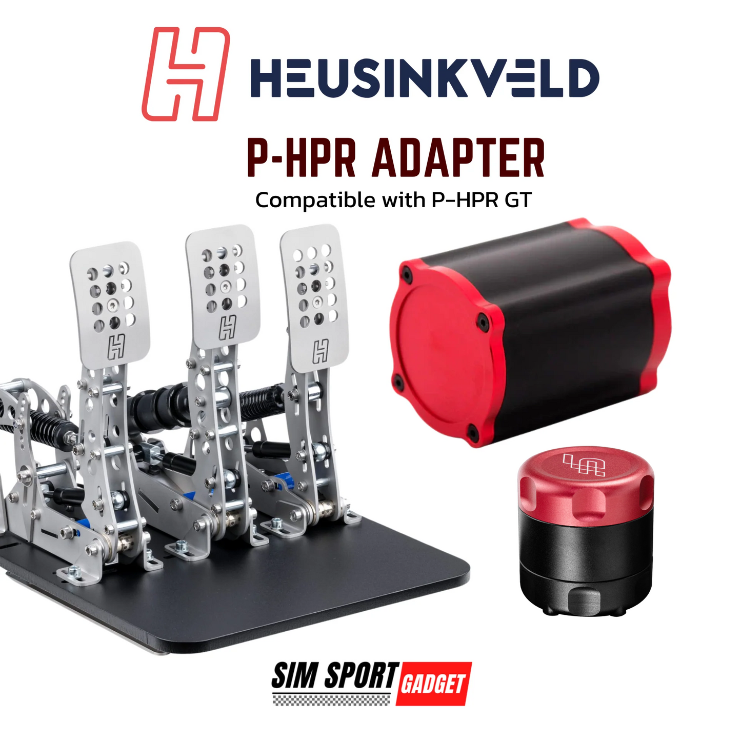 Heusinkveld P-HPR adapter set with pedals and red and black components on a white background.