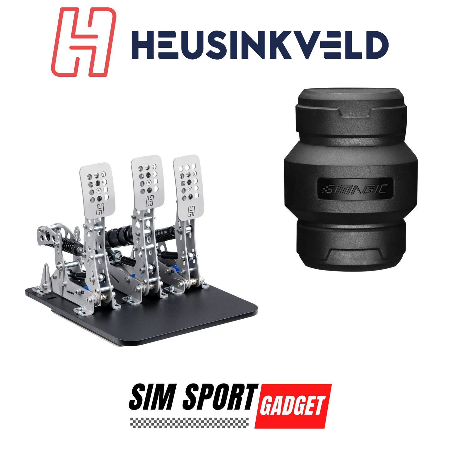 Sim racing pedals and a black container with 'SIM SPORT GADGET' branding on a white background.