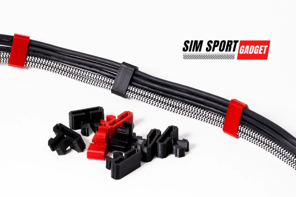SIM Sport Gadget cable management system with black and red clips on a white background