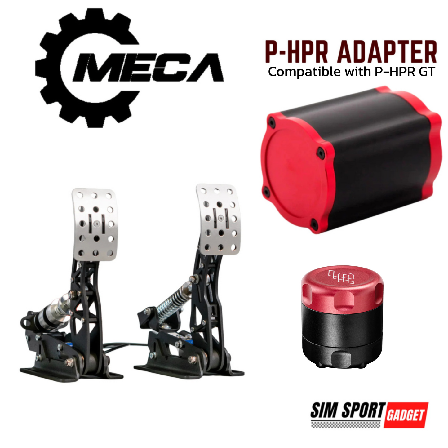 Mechanical pedal set with red and black components, MECA logo, and SIM Sport Gadget branding.