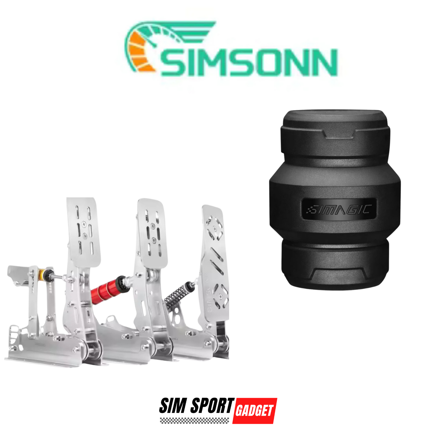 Simsonn racing foot pegs and black boot on a white background with Sim Sport Gadget branding.