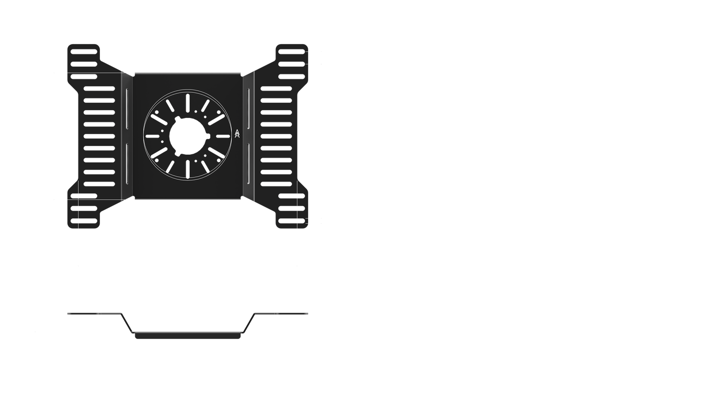 Black and white illustration of a computer graphics card with cooling fins on a white background