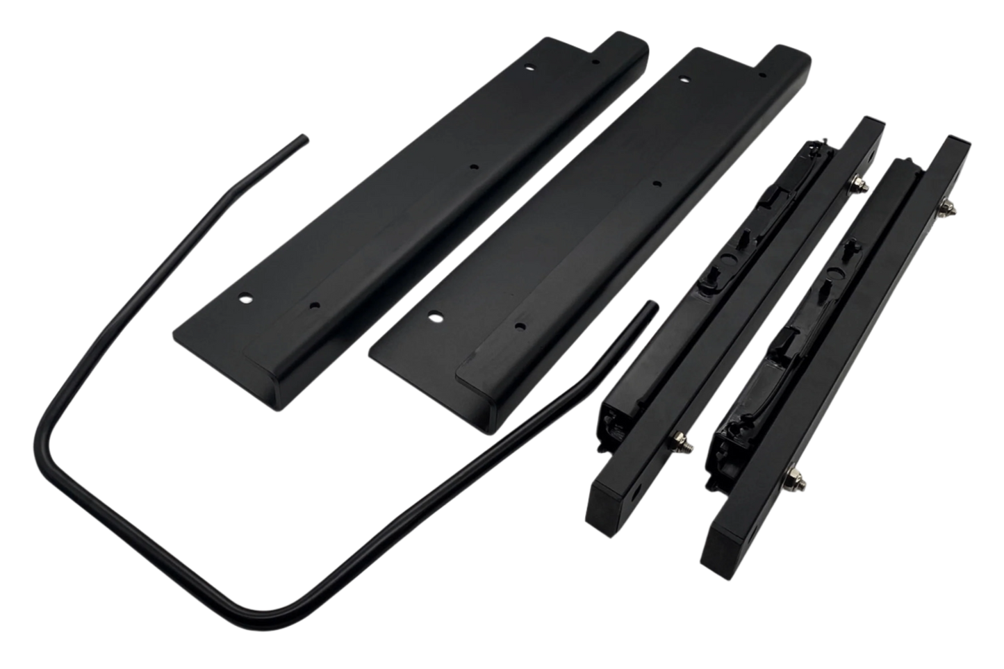 Set of black metal brackets and rods on a white background
