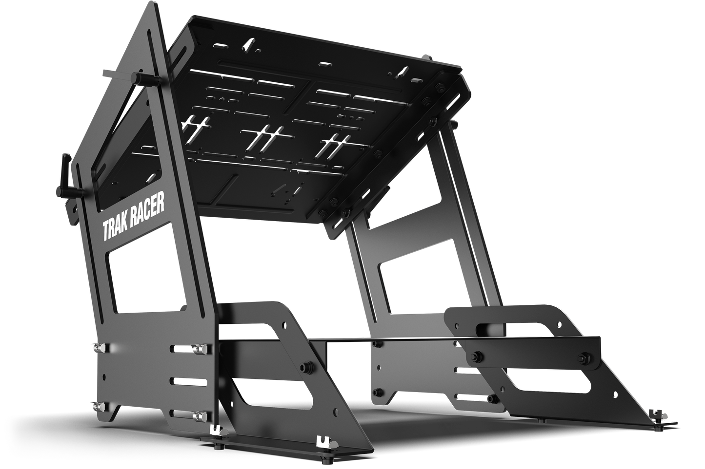 Black metal stand with 'Trak Racer' branding on a white background