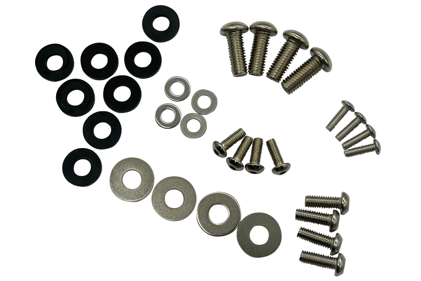 Collection of screws and washers on a white background