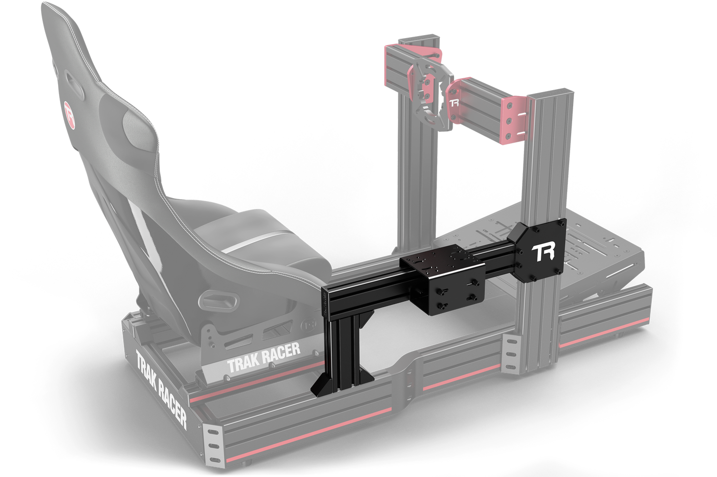 Gray gaming chair with a racing simulator base on a white background