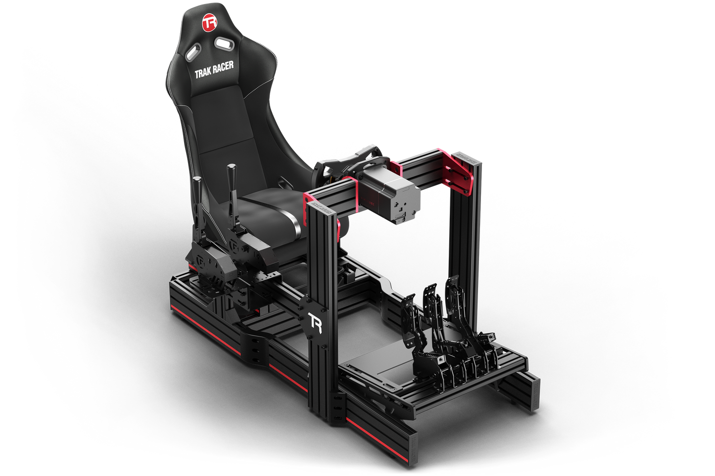 Black gaming chair with red accents on a white background