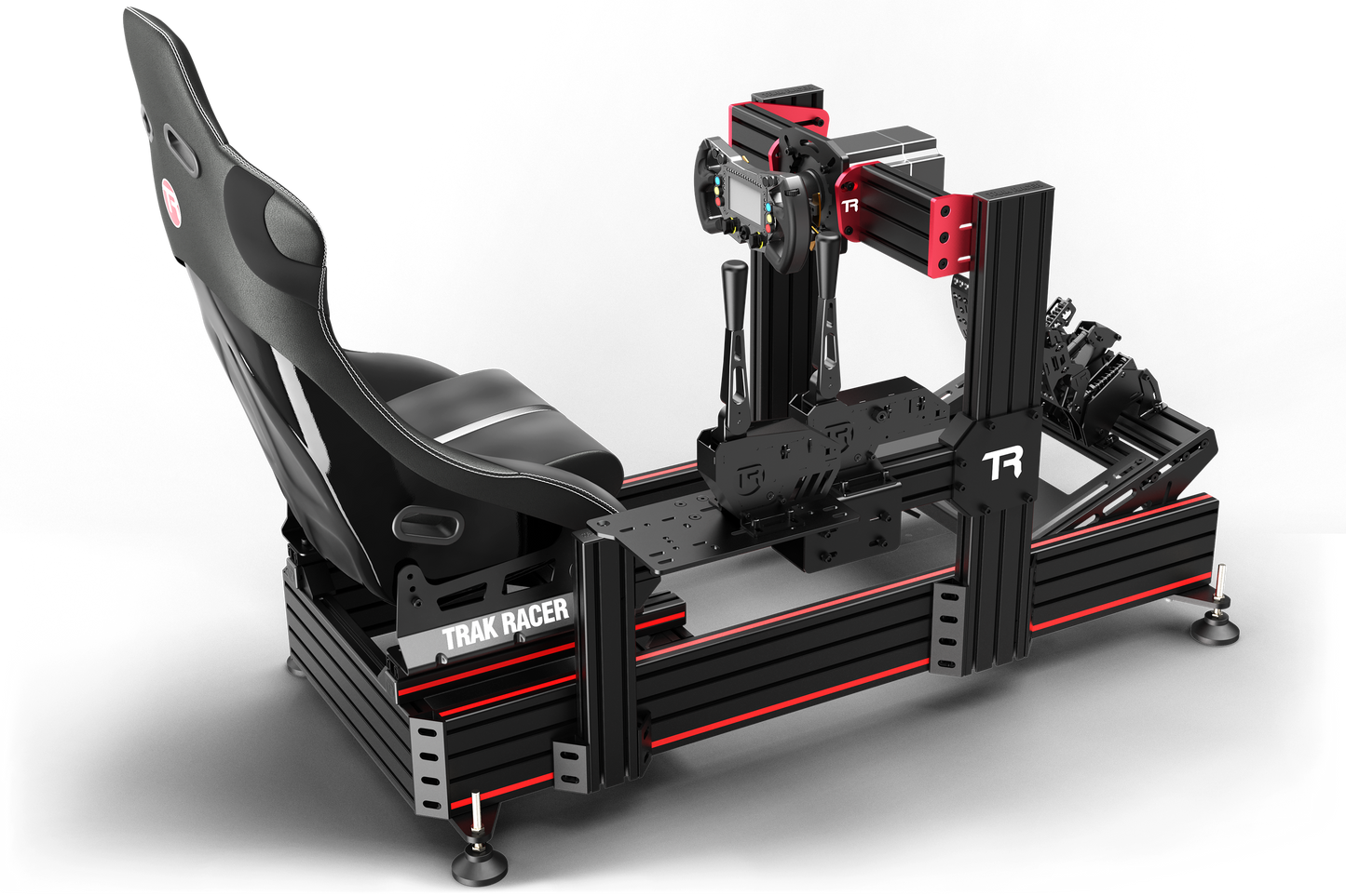 Black and red gaming chair with a racing simulator setup on a white background