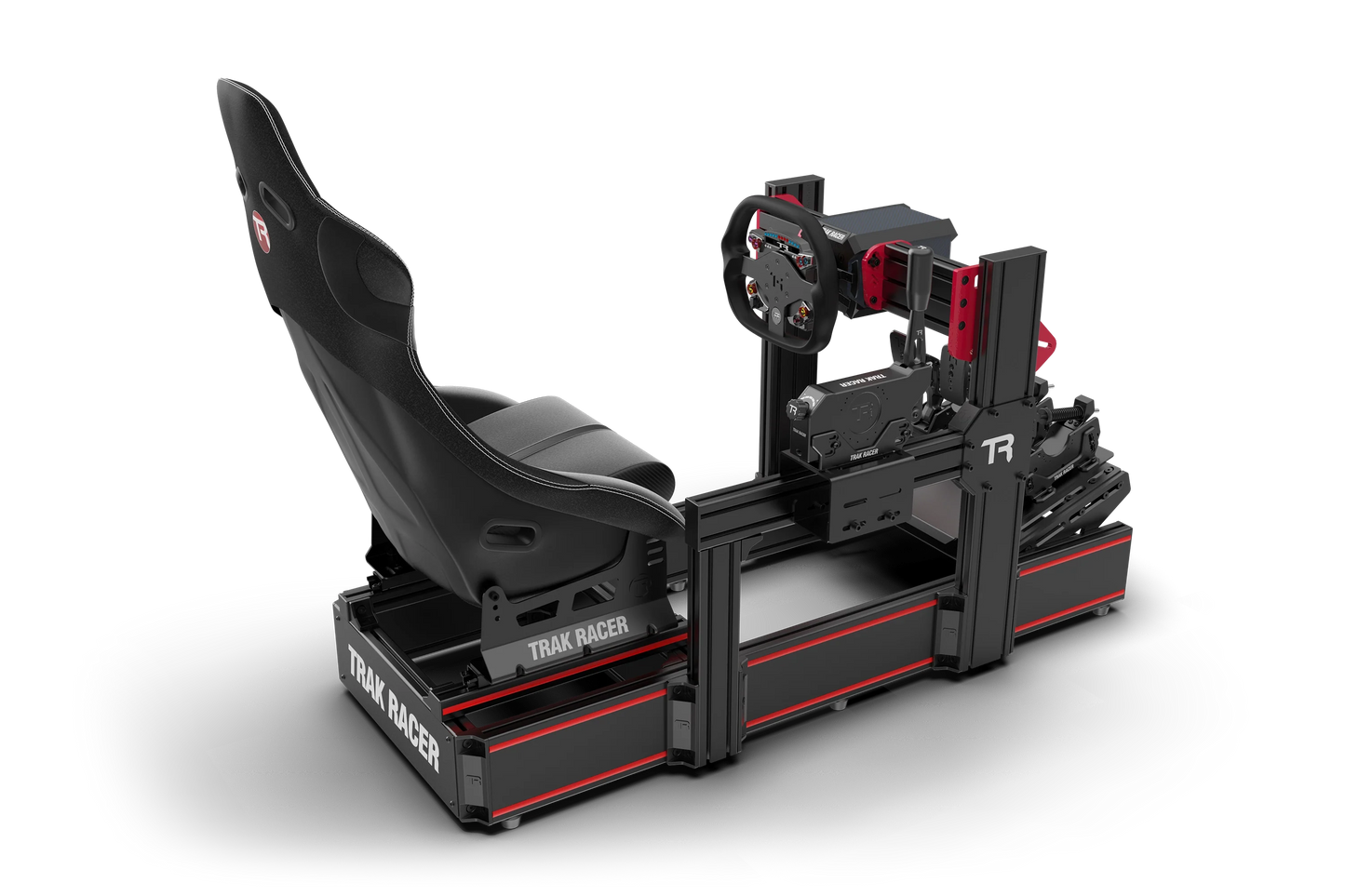 Black and red gaming simulator setup with seat and steering wheel on a white background