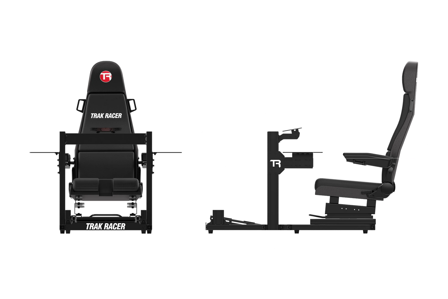Black gaming chair with 'Trak Racer' branding on a white background