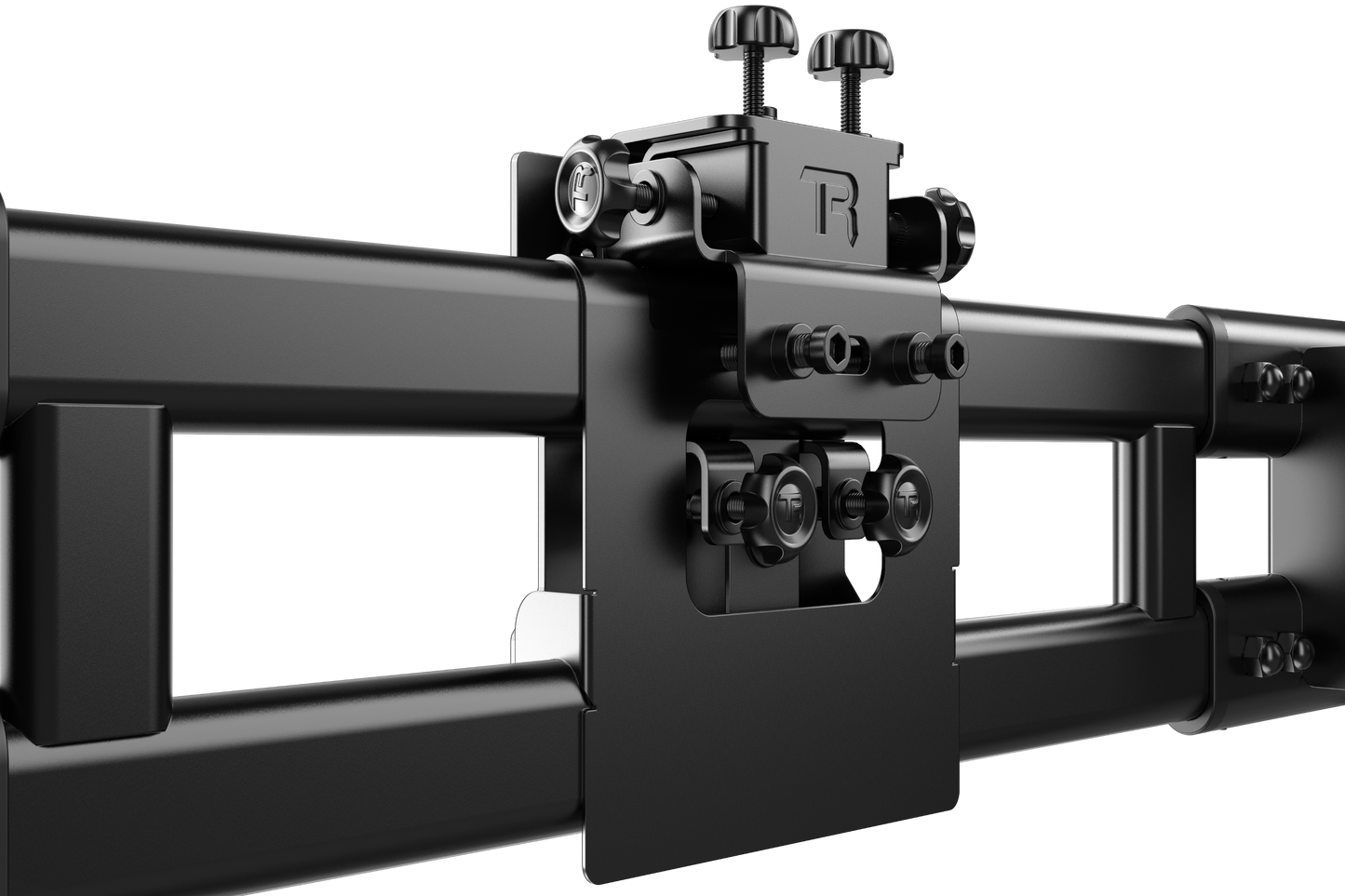 Close-up of a black metal mechanical component with visible branding on a white background