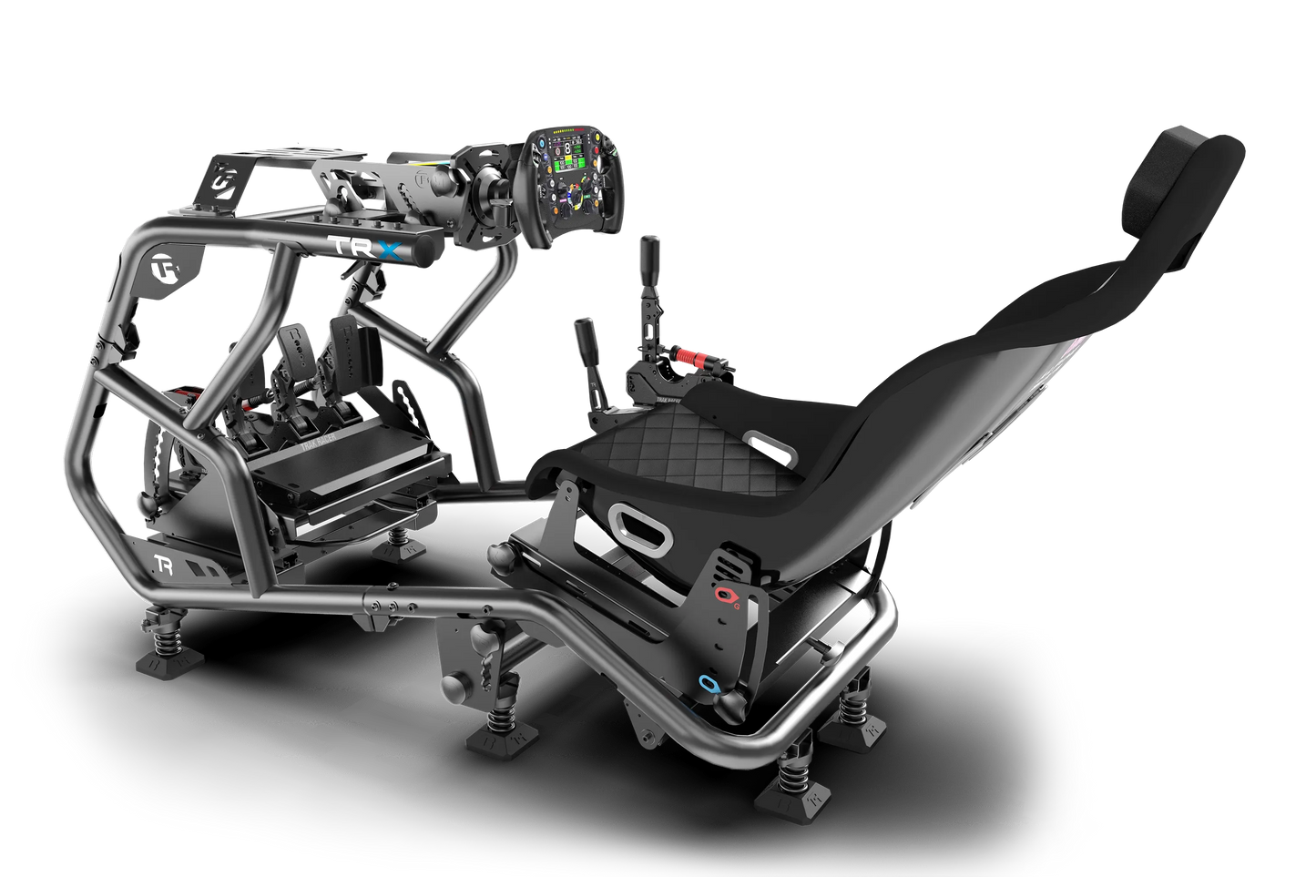 Racing simulator chair with detailed controls on a white background
