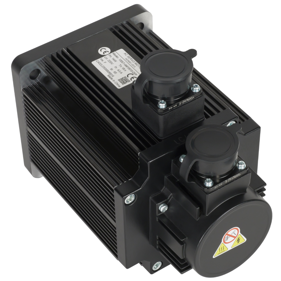 Black electrical component with two knobs and a warning label on a white background