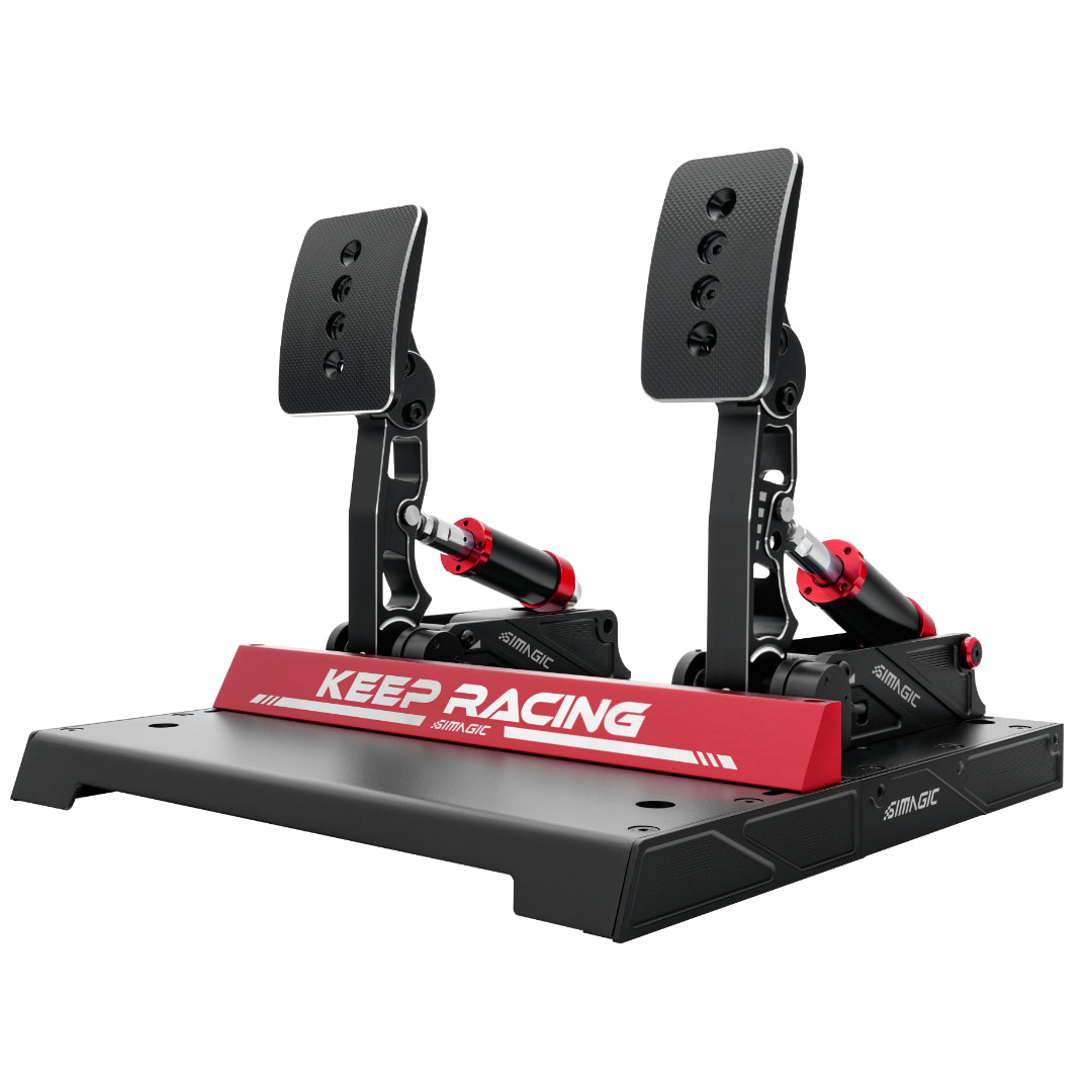 A Simagic P1000 Pedal Set for sim racing, featuring a black and red color scheme with a footrest and pedal assembly mounted on a flat base with the text 'KEEP RACING'.