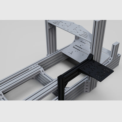Metal frame structure with a black bracket on a light gray background