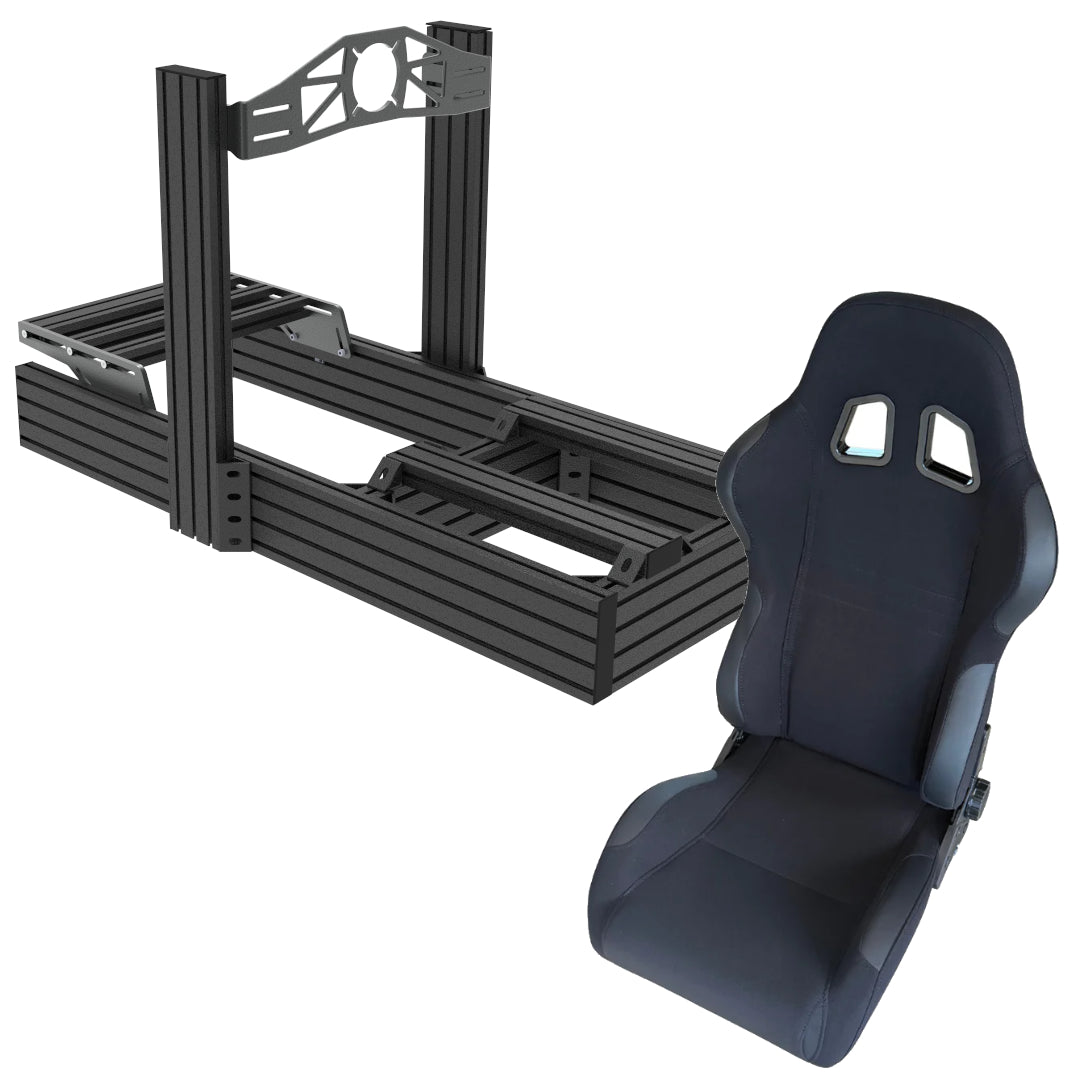 Black racing seat and roll cage on a white background