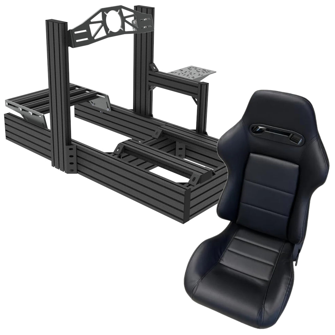 Black racing seat and roll cage on a white background