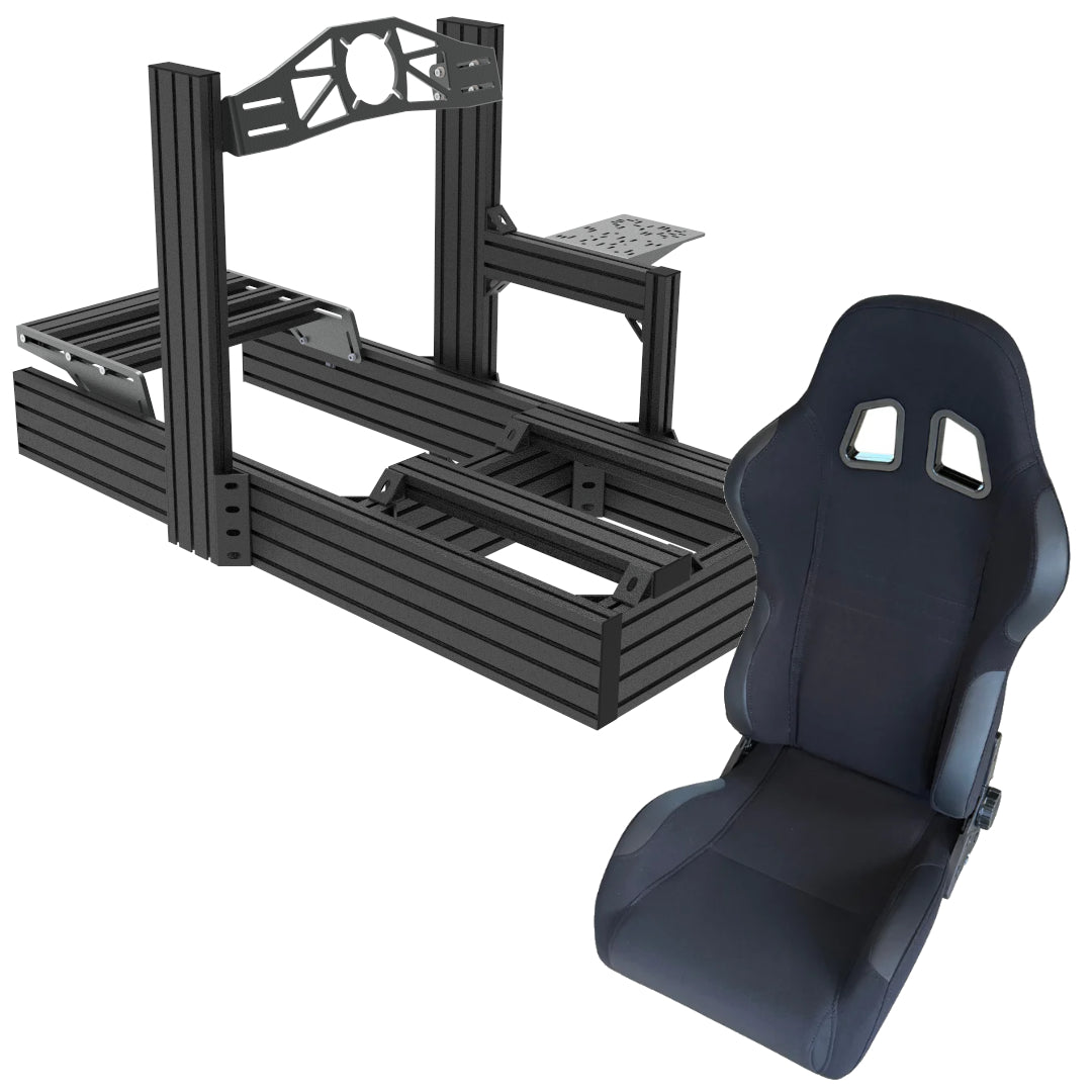Black gaming desk with chair on a white background