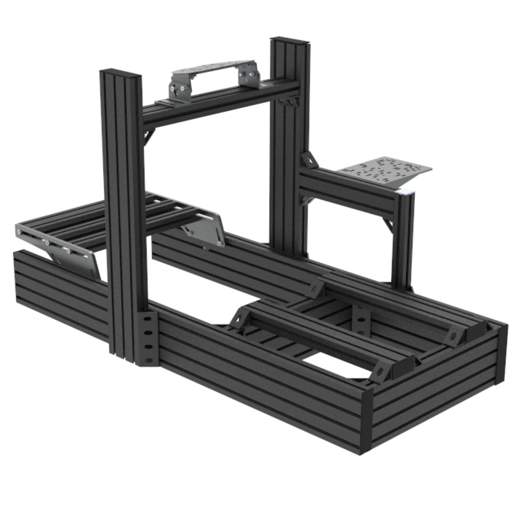 Black metal shelf system on a white background