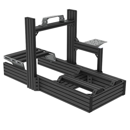 Black metal shelf system on a white background