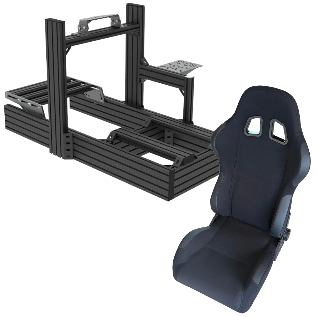 Black racing seat and roll cage on a white background