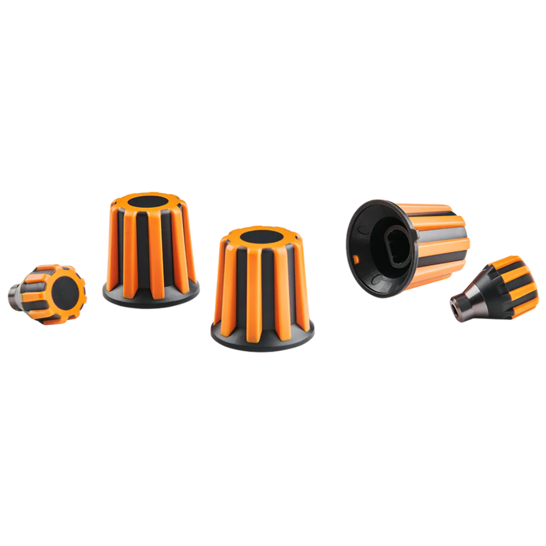 A set of orange and black colored encoders and 7-way switches for a steering wheel, designed for go-kart or racing simulators.