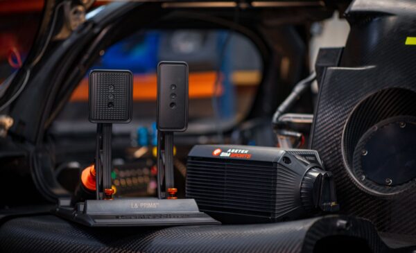 Asetek SimSports sim racing pedals and direct drive wheelbase displayed in motorsport-inspired racing environment