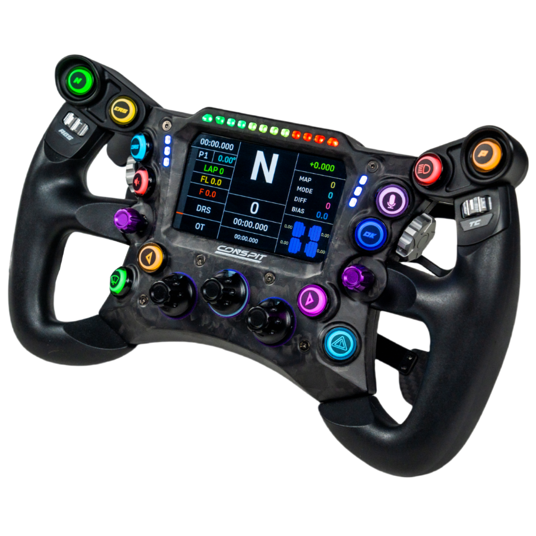 F1 racing steering wheel with digital display on a white background