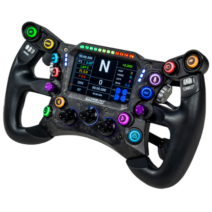 F1 racing steering wheel with digital display on a white background