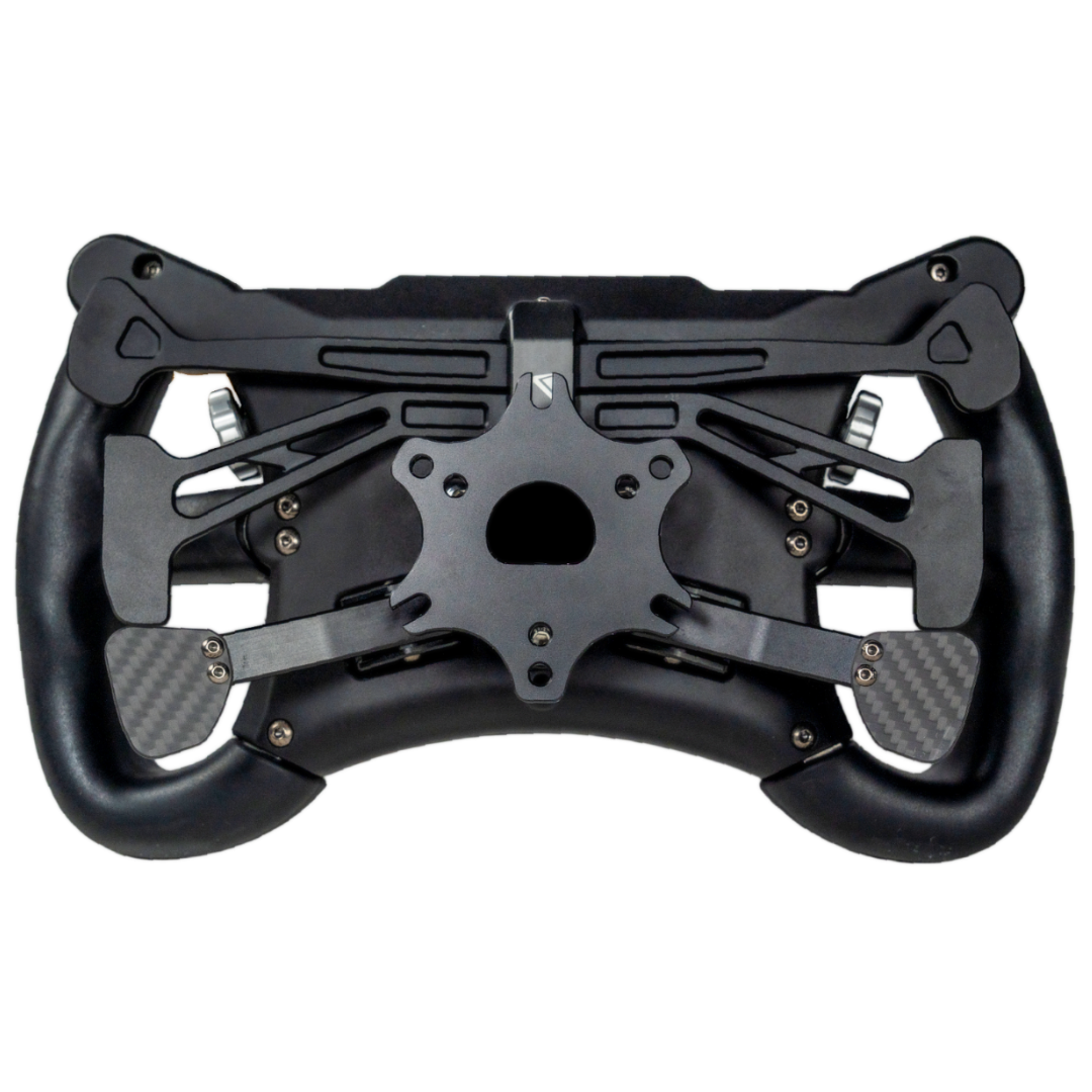 Black steering wheel mechanism on a white background